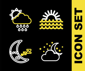Set line Sunset, Cloud with moon and stars, Moon icon and rain sun icon. Vector