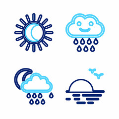 Set line Sunset, Cloud with rain and moon, and Eclipse of the sun icon. Vector