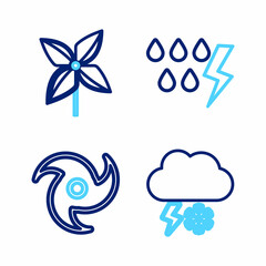 Fototapeta na wymiar Set line Cloud with snow and lightning, Tornado, Storm and Pinwheel icon. Vector