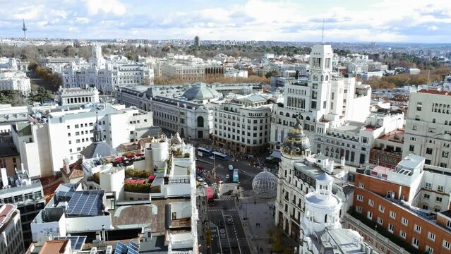Aerial cityscape of Madrid with Alcala and Gran Via streets, Spain