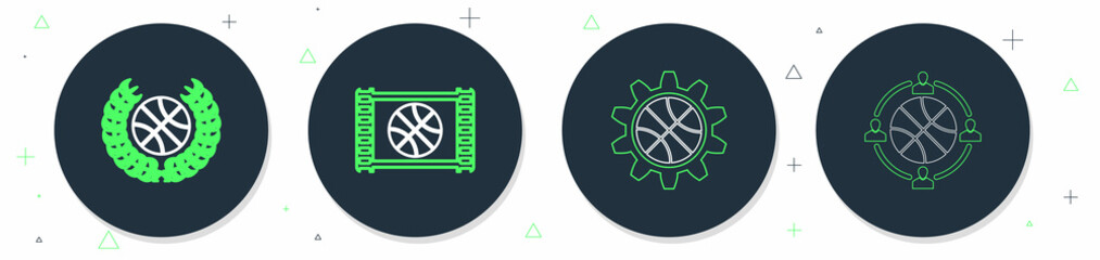 Set line Sports shop and basketball, Basketball award, game video and match on tv icon. Vector