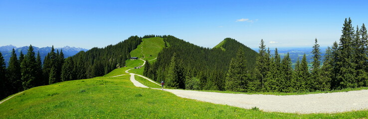 Fototapeta na wymiar weites Panorama von herrlichem Wandergebiet bei Bad Kohlgrub mit Berg, Wiesen, Weg und Wald bei blauem Himmel