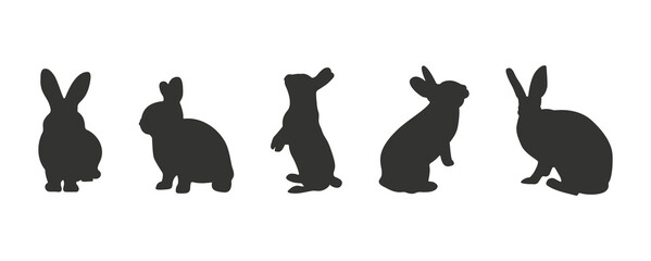 5 SET Silhouette rabbit isolated on white background. Pets and farm animals collection. Icon vector illustration. Hare silhoutte.	