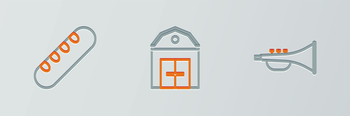 Set line Musical instrument trumpet, French baguette bread and Farm House icon. Vector