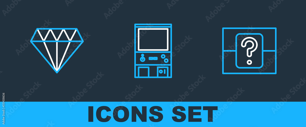 Poster set line mystery or random box, diamond and retro arcade game machine icon. vector