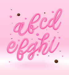 Fototapeta na wymiar Bubble Gum Alphabet Set. Pink Font Isolated on Pink Background. Hand Lettering for Designs: Logo, Packaging, Pack of Gum, Card, etc. Vector. Sugar kids illustration. 