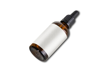 Amber glass  dropper bottle with empty label mockup isolated on white background. cosmetic or medical bottle. 3d rendering.