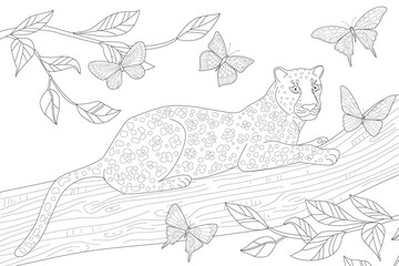 Leopard resting in a tree surrounded flying butterflies for your