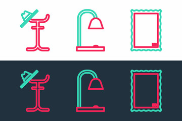 Set line Picture, Coat stand and Table lamp icon. Vector