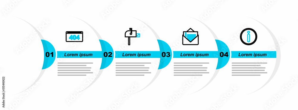Poster set line information, envelope, open mail box and page with 404 error icon. vector