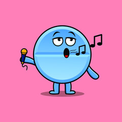 Cute cartoon pill medicine singer character holding mic in flat modern style design