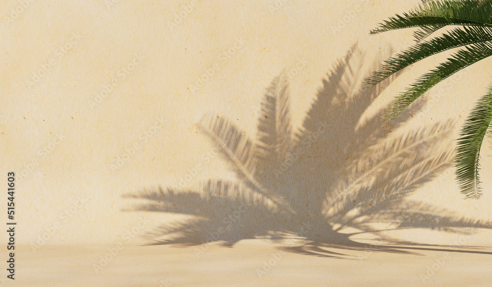 Poster background with a shadow from a palm tree on the wall.cover, postcard. 3d rendering.