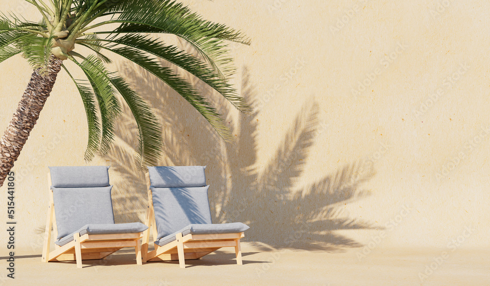 Poster background with a shadow from a palm tree on a wall with two beach chairs.cover, postcard. 3d render