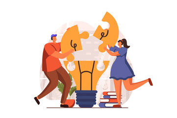 Teamwork web concept in flat design. Man and woman cooperate and build from puzzle pieces, generate new ideas, brainstorming and partnership, business innovation. Illustration with people scene - obrazy, fototapety, plakaty