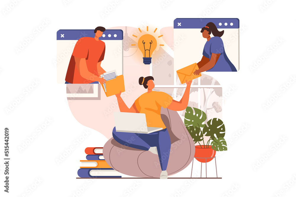 Aufkleber Teamwork web concept in flat design. Colleagues work remotely and do work tasks in group video chat, business collaboration and partnership, project management. Illustration with people scene