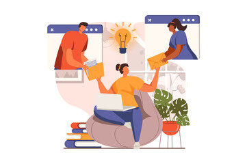 Teamwork web concept in flat design. Colleagues work remotely and do work tasks in group video chat, business collaboration and partnership, project management. Illustration with people scene