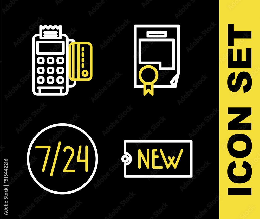 Poster set line certificate template, price tag with text new, clock 24 hours and pos terminal credit card 