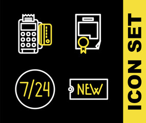 Set line Certificate template, Price tag with text New, Clock 24 hours and POS terminal credit card icon. Vector