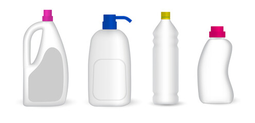 Set of detergent plastic bottles with chemical cleaning product. A various shapes blank white plastic bottles of soap products isolated on white background. 
