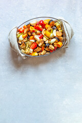 Oven dish with baked vegetables, family size, top view