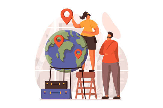 Travelling web concept in flat design. Couple with suitcases goes on vacation together and choosing location in globe. Man and woman going to worldwide travel. Illustration with people scene