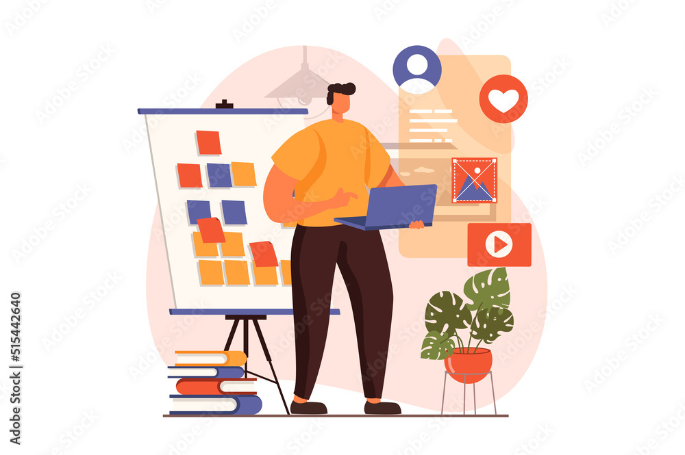 Aufkleber Ui and ux designers web concept in flat design. Man creating, testing and optimizing interface layout for smartphone apps, working on tasks on laptop in office. Illustration with people scene