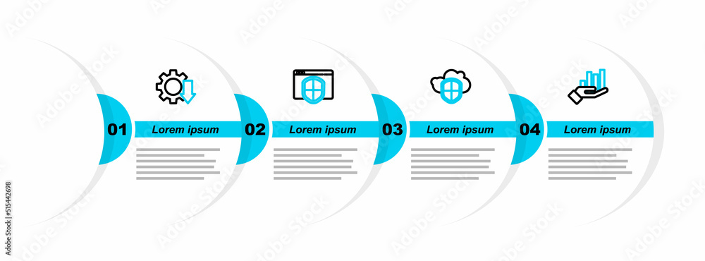 Poster set line pie chart infographic, cloud and shield, browser with and cost reduction icon. vector