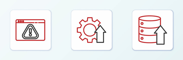 Set line Server, Data, Web Hosting, Browser with exclamation mark and Arrow growth gear icon. Vector