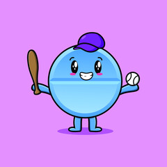 Cute cartoon pill medicine character playing baseball in modern style design