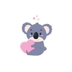 Australian koala holding a pink heart. Cute cartoon character koala on a white background. Vector children's illustration