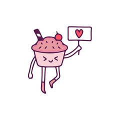Cute chocolate cake mascot holding love sign, illustration for t-shirt, sticker, or apparel merchandise. With doodle, retro, and cartoon style.