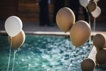 Beautiful shot of brown and white balloons near a pool outdoors