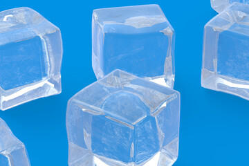 Strewn ice cubes on blue background. Cold beverages. Refreshing drinks ingredients. 3d render