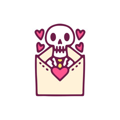 Kawaii skulk inside a love letter, illustration for t-shirt, sticker, or apparel merchandise. With doodle, retro, and cartoon style.