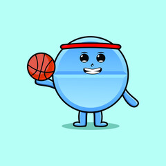 Cute cartoon pill medicine character playing basketball in flat modern style design
