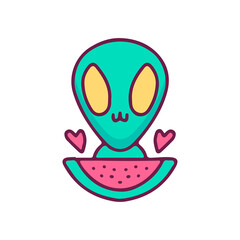 Kawaii alien with watermelon, illustration for t-shirt, sticker, or apparel merchandise. With doodle, retro, and cartoon style.