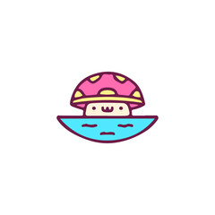Cute mushroom mascot on the water, illustration for t-shirt, sticker, or apparel merchandise. With doodle, retro, and cartoon style.
