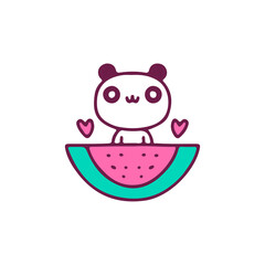 Cute panda with watermelon fruit, illustration for t-shirt, sticker, or apparel merchandise. With doodle, retro, and cartoon style.