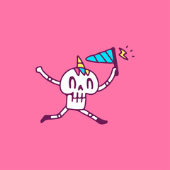 Cool unicorn skull catching thunder, illustration for t-shirt, sticker, or apparel merchandise. With doodle, retro, and cartoon style.