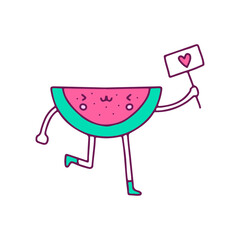 Cute watermelon mascot holding love sign, illustration for t-shirt, sticker, or apparel merchandise. With doodle, retro, and cartoon style.