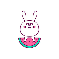 Cute bunny with one eye and watermelon fruit, illustration for t-shirt, sticker, or apparel merchandise. With doodle, retro, and cartoon style.