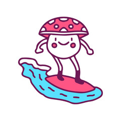Funny amanita mushroom mascot surfing, illustration for t-shirt, sticker, or apparel merchandise. With doodle, retro, and cartoon style.