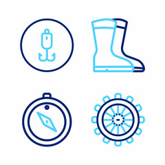 Set line Ship steering wheel, Compass, Fishing boots and hook icon. Vector