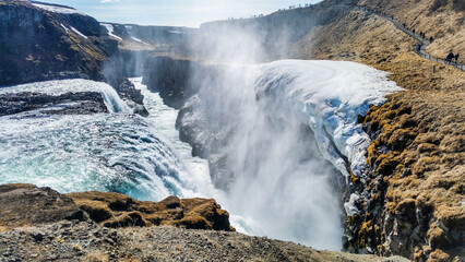 Gullfoss falls in spring close view Iceland