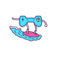 Joystick mascot surfing, illustration for t-shirt, sticker, or apparel merchandise. With doodle, retro, and cartoon style.