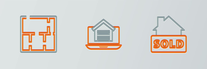 Set line Hanging sign with text Sold, House plan and Online real estate house icon. Vector