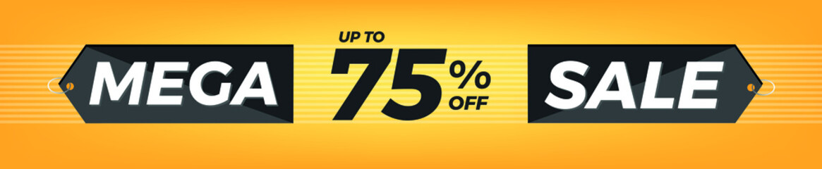 75% off. Horizontal yellow banner. Advertising for Mega Sale. Up to seventy-five percent discount for promotions and offers.