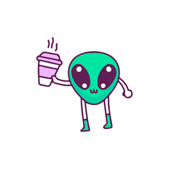 Kawaii baby alien mascot holding drink, illustration for t-shirt, sticker, or apparel merchandise. With doodle, retro, and cartoon style.