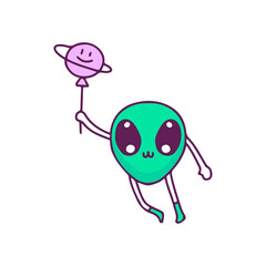 Kawaii alien mascot holding planet balloon, illustration for t-shirt, sticker, or apparel merchandise. With doodle, retro, and cartoon style.