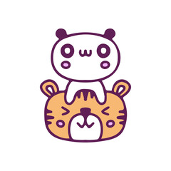 Cute panda bear and tiger mascot, illustration for t-shirt, sticker, or apparel merchandise. With doodle, retro, and cartoon style.